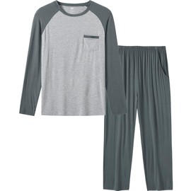 MoFiz Men's Pajama Set Long Sleeve Crew Neck Shirts Bottom Pants Modal Sleep Set 2 pieces Light Soft Jammies Bedroom Night Suit (B-Blue Grey,S)