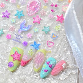 5D Embossed Beach Nail Stickers Self-Adhesive Summer Nail Art Stickers Colorful Mermaid Shell Starfish Flowers Designs Ocean Nail Art Supplies Cute Nail Decals for Women Girls Acrylic Nail Salon DIY