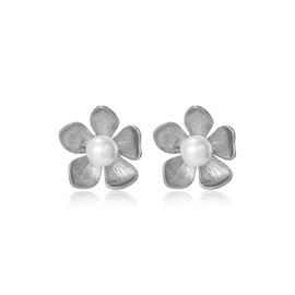 Xeyai Pearl Flower Earrings for Women Trendy,Dainty Pearl Earrings Gold Plated Cute Flower Earrings Hypoallergenic Pearl Stud Earrings for Women Gold Wedding Jewelry Gifts, Brass, No Gemstone