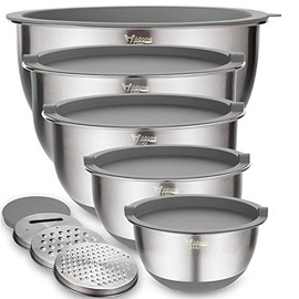 Mixing Bowls Set of 5, Wildone Stainless Steel Nesting Bowls with Grey Airtight Lids, 3 Grater Attachments, Measurement Marks & Non-Slip Bottoms, Size 5, 3, 2, 1.5, 0.63 QT, Ideal for Mixing & Serving