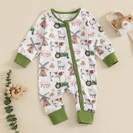 Chloefairy Newborn Baby Boy Farm Clothes Tractor Country Animal Long Sleeve Romper Zipper Jumpsuit One Piece Fall Outfit (White, 3-6 Months)