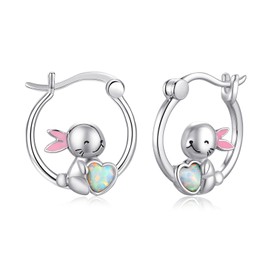 Animal Earrings Women's 925 Sterling Silver Fox / Rabbit / Koala / Pig Hoop Earrings Huggie Small Hoop Earrings Animal Jewellery Mother's Day Gift for Women Girls Children, Sterling Silver, Opal