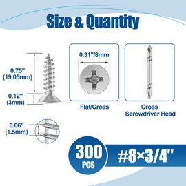 ANCHOREASE #8×3/4″ Wood Screw 300Pcs, 304 Stainless Steel Screws, Flat Head Phillips Fast Self Tapping Screws