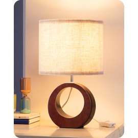 EDISHINE 13.4" Wood Table Lamp, Small Bedside Lamp with Beige Linen Lampshade & ON-Off Switch, E26 Base, Modern Nightstand Lamp for Living Room, Bedroom, Dark Walnut