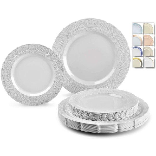 " OCCASIONS " 50 Plates Pack (25 Guests)-Extra Heavyweight Vintage Wedding Disposable/Reusable Plastic Plates -25x11'' Dinner + 25x8.25'' Salad/dessert (Chateau Collection Light Gray)