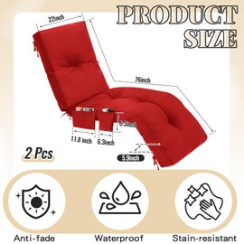 Kigley 2 Pcs 76 x 22 x 6 Inches Chaise Lounge Cushions with Side Pocket Waterproof, Fade Resistant, Tufted Patio Cushion for Chaise Lounger for Indoor Outdoor Patio Sunbathing (Red)