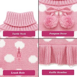 KYEESE Dog Sweater Dress Polka Dot Dog Sweater for Girl Pink with Leash Hole Knit Warm Dogs Clothes with Pom Pom Ball for Fall Winter