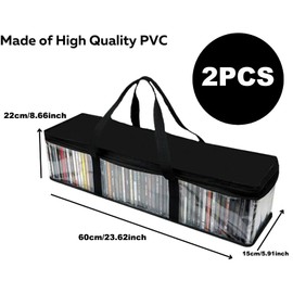 CD Storage Bags, 2-Pack Clear Plastic Holder Case for Music Disc - Sturdy Stitched, Strong Handle, Fits 100 Albums & Movies, Clear Plastic Carrying Game Bag Storage for CDs, Albums, Video Games, Books
