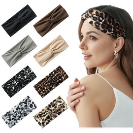 BORISCA 8pcs Wide Hair Bands for Women Soft Bohemian Headbands Elastic Boho Headband for Women Girls for Yoga Sports Daily Hair Accessories Knotted Ladies Wide Headband(Leopard Print Solid Color)