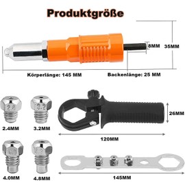 KEWAYO Rivet Pliers, Blind Rivet Adapter, 6 Pieces Rivet Attachment for Cordless Screwdriver, Heavy Rivet Gun Tool, Riveting Pliers Rivet Gun for Aluminium, Iron, Stainless Steel Sheets