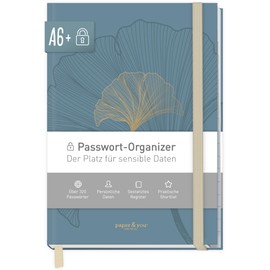 paper&you® Password Book A6+ with A-Z Index "Blue Ginkgo" for 320 Access Data, Password Manager Small, Password Book German - Sustainable and Climate Friendly