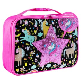 Decorably Insulated Unicorn Lunch Bag for Girls 4-6 with Glittery Star Patch Design, Easy-To-Clean Unicorn Lunchbox for Girls 4-6 with Mesh Pocket Inside