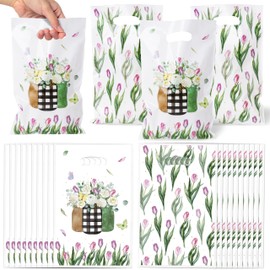 Tulip Party Favor Bags - 50Pcs Spring Tulip Eucalyptus Leaves Camellia Goody Candy Treat Gifts Bags, Spring Floral Theme Party Decorations for Girls Women Birthday Wedding Bridal Shower Supplies