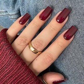 Wine Red Solid Color Press on Nails Square Fake Nails Short False Nails Glossy Acrylic Artificial Nails Reusable Manicure Suplies for Women 24 Pcs