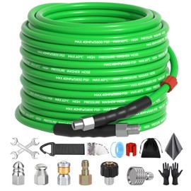Sewer Jetter Kit for Pressure Washer 50 FT，Drain Cleaner Hose 1/4 Inch NPT Corner with Pressure Washer Tips, Button Nose and Rotating Sewer Jetting Nozzle, Spanner Teflon Tape Pearl Corsage Pin