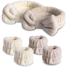 Face Wash Headband,Spa Headband and Wristband Set,Headband and Wristband for Washing Face,Skincare Headband (Khaki and beige, One size)