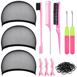 Hotop 61 Pcs Knitted Dirty Braids Wig Tools Hair Crochet Hooks Set, 3 Wig Cap, 2 Crochet Needles, Edge and Bristle Brush, Rat Tail Comb, 3 Alligator, 50 Rubber Bands for Passion Twist Hair Extensions