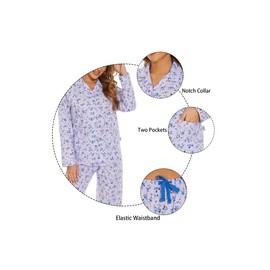 GLOBAL Women's 100% Cotton Pajama Set|Long-Sleeved with Pants PJs |Button Down Front Top&Drawstring Waist Bottom Nightwear