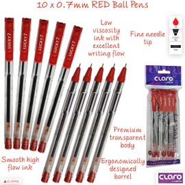 CLARO Lucky Ballpoint Pens, RED, 0.7mm Fine Point, Pack of 10, Smooth Ink Flow, School Home Office Value Pack, ZOFAX Black Ball Pen