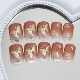 Press On Nails, Gold Foil Glitter Designed in Glue on Nails, Golden Line Fake Nails, Short Square Almond Ballet Shape for Stick On Nails on 24PCS (Short Gold Butterfly)