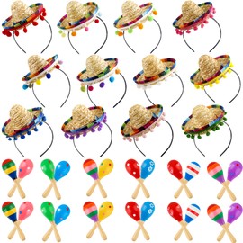 Swakuta 36 Pcs Fiesta Party Favors Include 12 Cinco De Mayo Fabric Sombrero Headband and 24 Wooden Fiesta Maracas for Mexican Fiesta Party Favors