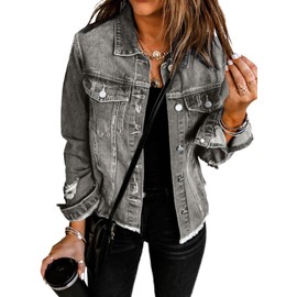 EVALESS Women's Vintage Ripped Distressed Denim Jean Jacket Coats 2025 Trendy Fall Spring Casual Long Sleeve Button Down Denim Outwear with Pockets,Gray XX-Large