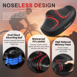 BLUEWIND New Noseless Oversized Bike Seat, Wide Bicycle Saddle Novel Backrest Design for Electric Bike, Fits Most Exercise Bike or Road Stationary Bike Seat Cushion for Men & Women (Red)