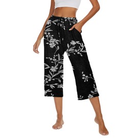 Kabento 2 Pack Womens Pajama Pants Capri Sleep Lounge Pants Drawstring Pj Bottoms with Pockets, Floral Black & Green, Small