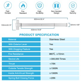 IRONWALLS Panic Bars for Exit Doors 32 Inch, Silver Commercial Push Bar Panic Exit Device Stainless Steel with Exterior Door Lever Handle, Emergency Exit Panic Door Hardware for 32”-47” Doors
