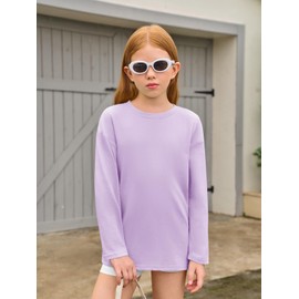 Haloumoning Girls Long Sleeve T-Shirts Kids Fall Oversized Tops Casual Crewneck Tees 5-14 Years Light Purple