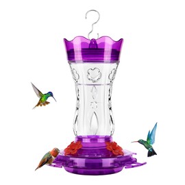 Glass Hummingbird Feeders for Outdoors, Built-in Ant Moat & Leakproof Design, XAROO Hummingbird Feeder with 4 Bee Guard Feeding Ports, 15OZ, Purple, Outdoor Garden Décor