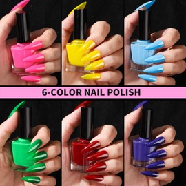 FANDAMEI Acrylic Nail Kit, 54 Pcs Nail Kit with 6-Color Nail Polish, 20 Pcs Nail Brushes, 2 Box False Nail Tips, 6 Jar Chrome Nail Powder, 4 Box Nail Charms, 10 Sheet Nail Stickers for Beginners