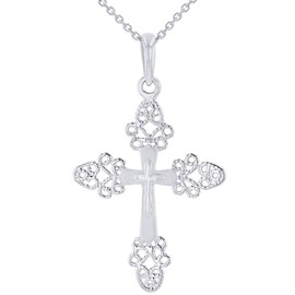 Jewelry America 14k White Gold Elegant Filigree Fleur de Lis Cross Pendant Necklace, 16"