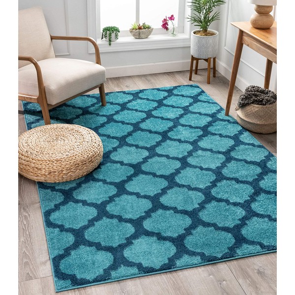 Well Woven Tinsley Trellis Light & Dark Blue Moroccan Lattice Modern Geometric Pattern 3x5 (3'11" x 5'3") Area Rug Soft Shed Free Easy to Clean Stain Resistant