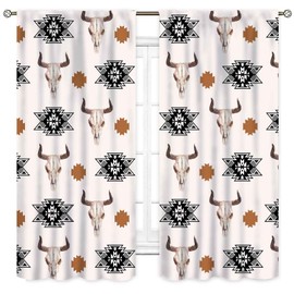 Aztec Curtains, Western Bull Skull Southwest Tribal Ethnic Native American Cow Print Rustic Retro Farmhouse Country Style Drapes for Living Room Bedroom Kitchen Bathroom Window 2 Panels, 42"x63" Inch