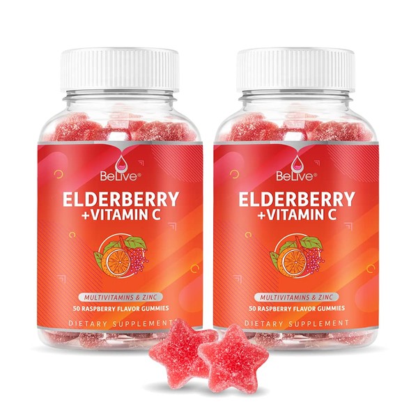 BeLive Elderberry Gummies with Zinc and Vitamin C - Immune Support Supplement with Vitamin D, A, E, B12, Sugar Free Gummies for Healthy Bones & Teeth, Vegan, Keto & non-GMO - Raspberry Flavor | 2-Pack