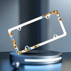 Blue Butterfly Sunflower License Plate Frame Funny License Plate Frames Personalise Stainless Steel Design Compatible with Standard License Plate Holder for USA and Canada 6 X 12 with Screws