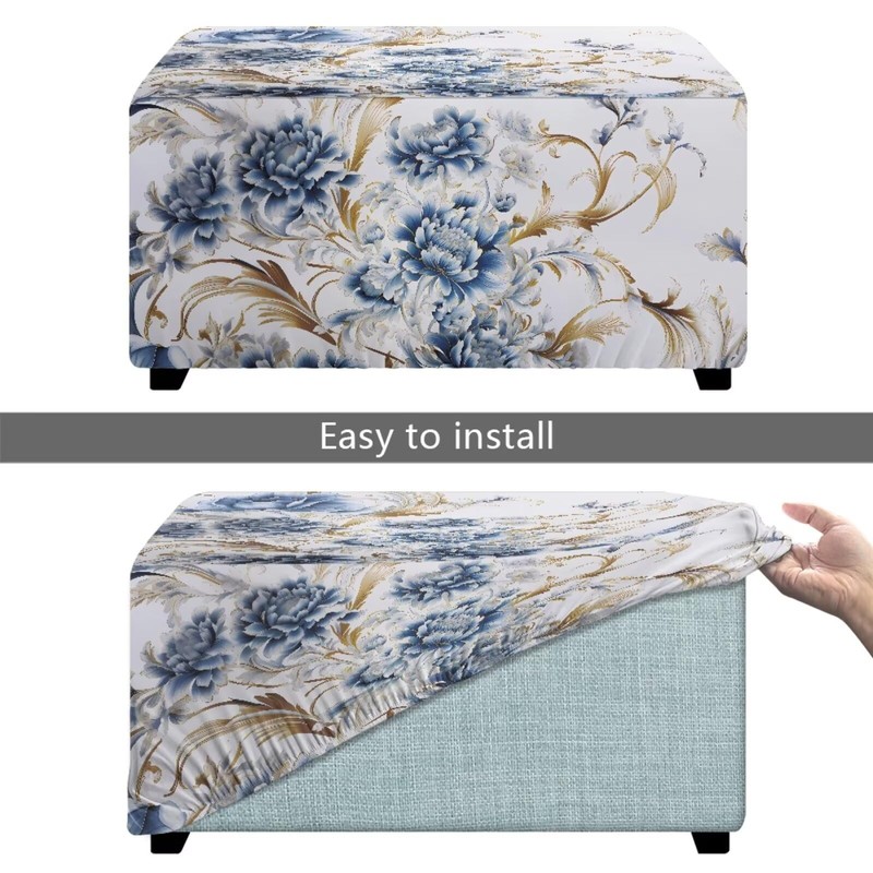 Cugasmaru Blue Flower Ottoman Cover Rectangular Stretch Footrest Stool Cover