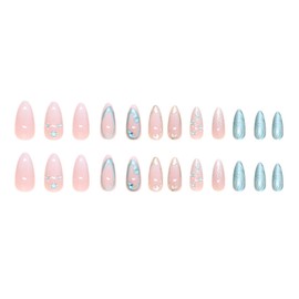 Hkanlre Blue Fake Nails Tips Bling Press on Nails Full Cover Medium Almond False Rhinestones Nails for Women 24PCS