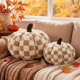 Leinuosen 2 Pcs Fall Pumpkin Pillows Brown 3D Pumpkin Shaped for Sofa