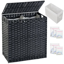 SETVSON Laundry Hamper with Lid Wicker Laundry Basket 112 L (29.6 Gal) Laundry Hampers Handwoven Rattan Clothes Hamper with Handles 3 Removable Liner Bag, 6 Mesh Bags for Bathroom Bedroom Black