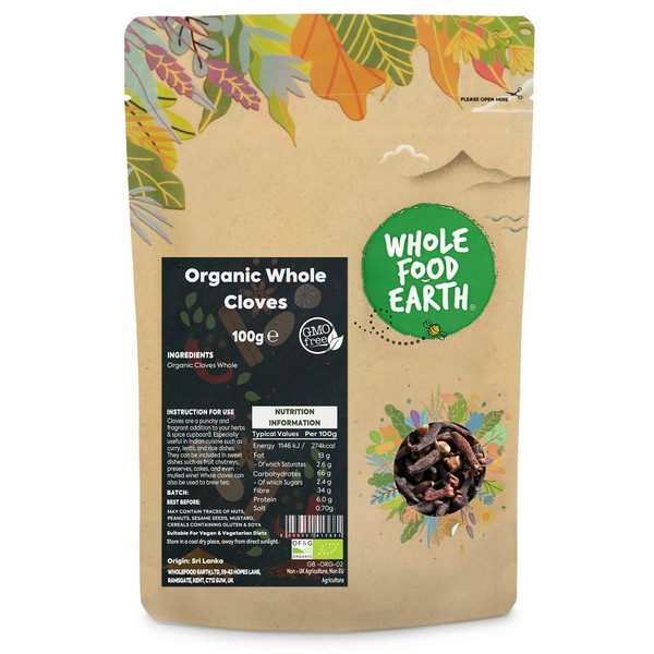 Whole Food Earth® - Organic Whole Cloves 100 g | GMO Free | Certified Organic
