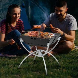 Costway 3-in-1 Outdoor Campfire Grill Portable Camping w/Stainless Steel Grills & Gloves