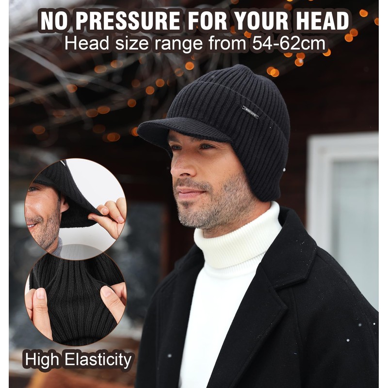 Wmcaps Winter Beanie with Brim and Ear Flaps, Outdoor Warm