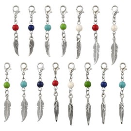 Airssory 60 Pcs 15 Styles Antique Synthetic Turquoise Feather Charms with Lobster Claw Clasps for DIY Keychain Jewelry Craft Bag Decoration