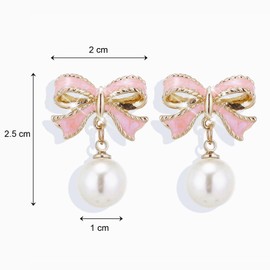 Gold Pearl Bow Earrings For Women Trendy Pink Coquette Drop Stud Ribbon Silver Earrings Dangle Jewelry - Unique Gifts For Wife Preppy Cute Teen Accessories 2025 (pink gold)