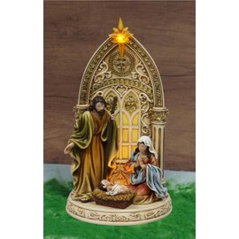 MOMENTS IN TIME 14.1”H Christmas Table Décor Nativity Hand-Painted Polyresin Holy Family with Angel Statue LED Lightup Statue