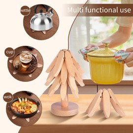 Wooden Trivets for Hot Dishes, Tree Coasters Set of 4, Wooden Tree Coasters with Holder, for Hot Dishes/Pot/Bowl/Teapot/Hot Pot Holders (Beech Wood)