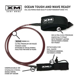 XM SURF MORE Knee/Calf Surfboard Leash 9ft., COMP Cord Thickness (.220 in.), Choose Length and Color, Key Pocket, Unbreakable Swivels, Detachable Railsaver, Made in USA