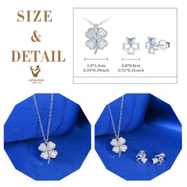 CPSLOVE Fashion Women's Clover Chain Pendant and Lucky Clover Hollow Earrings 925 Silver Four-Leaf Jewellery Sets Elegant Girls Zircon Necklace and Stud Earrings, Sterling Silver, Zircon gemstone.
